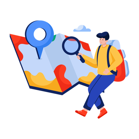 Turista encontrando localização no mapa de pesquisa  Ilustração