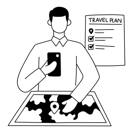 El turista está preparando el plan de viaje.  Ilustración