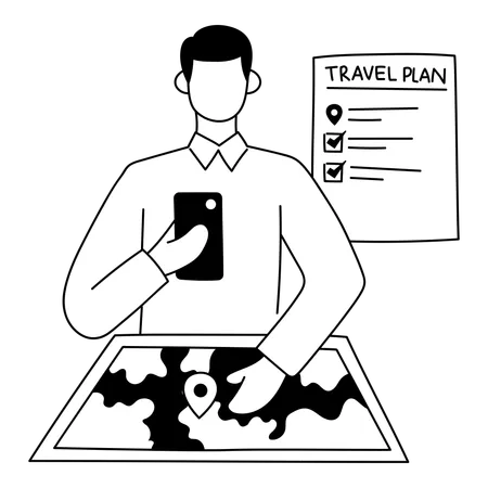 El turista está preparando el plan de viaje.  Ilustración