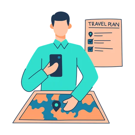 El turista está preparando el plan de viaje.  Ilustración