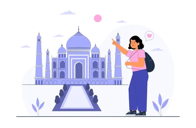 Turista feminina mostrando o Taj Mahal  Ilustração