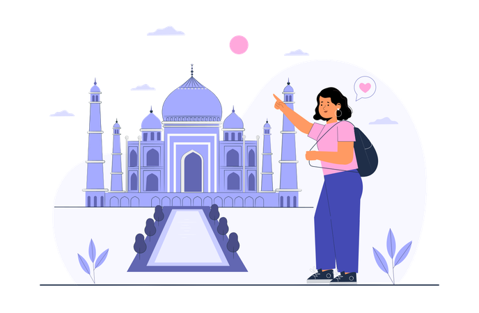 Turista feminina mostrando o Taj Mahal  Ilustração