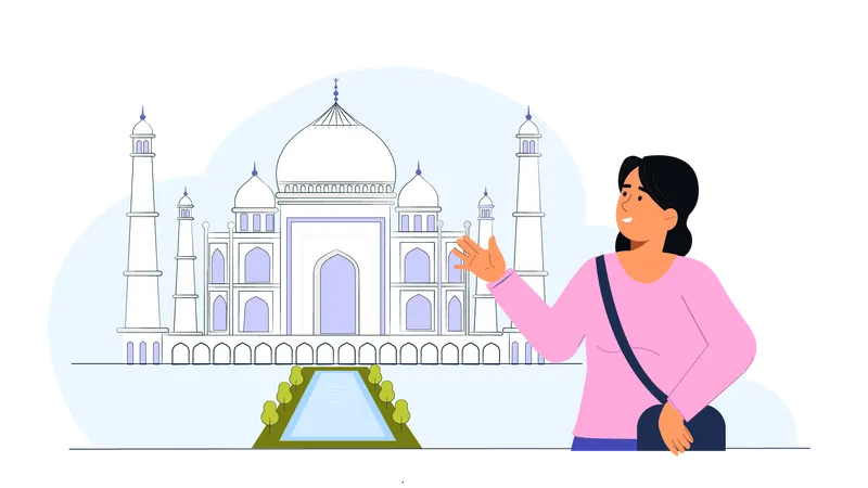 Turista feminina mostrando o Taj Mahal  Ilustração