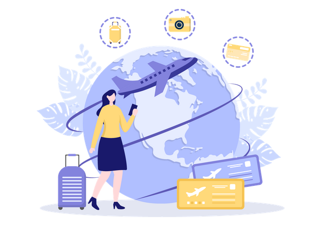 Turista feminina viajando ao redor do mundo através de voo  Ilustração