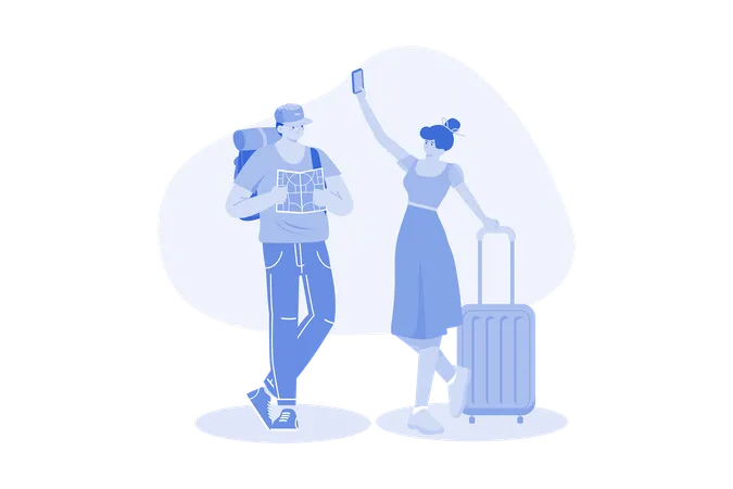 Concepto De Ilustracion De Personas Que Viajan Sobre Un Fondo Blanco Ilustración