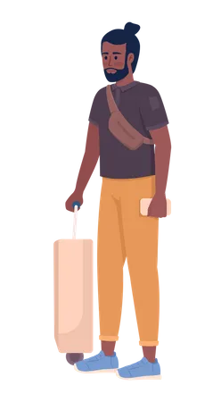 Turista masculino barbudo com bagagem e bilhete  Ilustração