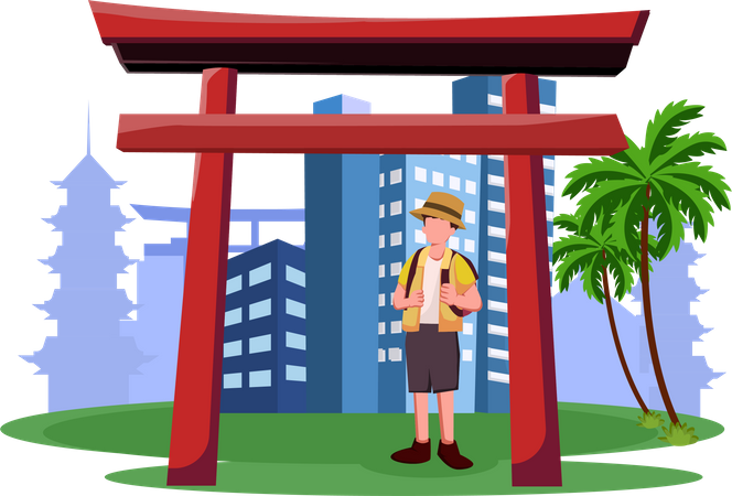 Turista masculino indo de férias no Japão  Ilustração