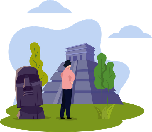 Turista masculino visitando moai  Ilustração