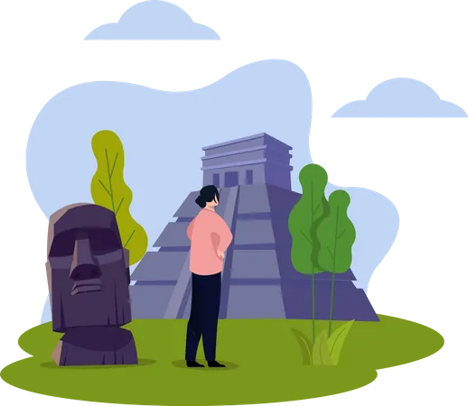 Turista masculino visitando moai  Ilustração