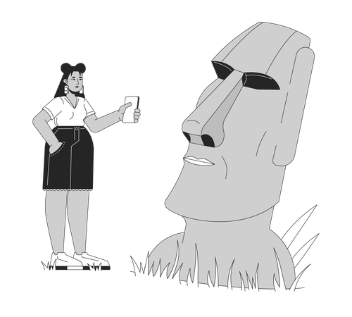 Turista latina con curvas tomando fotos de la estatua moai  Ilustración