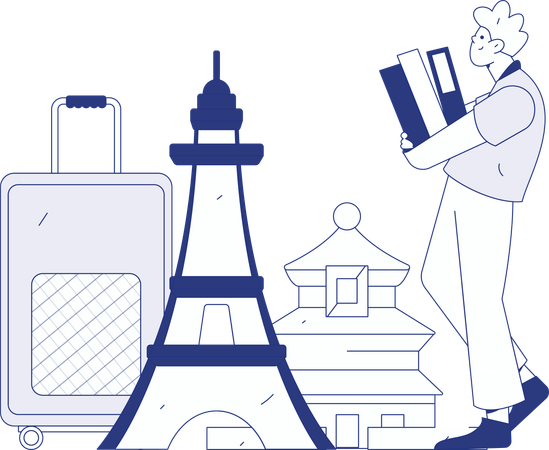 Turista masculino llegando al lugar de viaje  Ilustración
