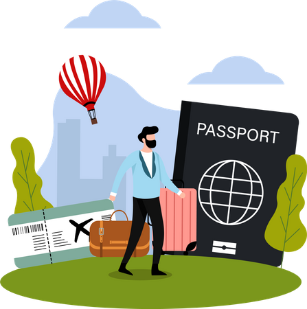 Turista masculino con equipaje y pasaporte.  Ilustración