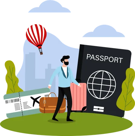 Turista masculino con equipaje y pasaporte.  Ilustración