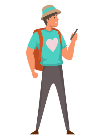 Turista masculino con mochila sosteniendo el teléfono  Ilustración