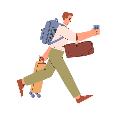 Turista masculino corriendo hacia el aeropuerto  Ilustración