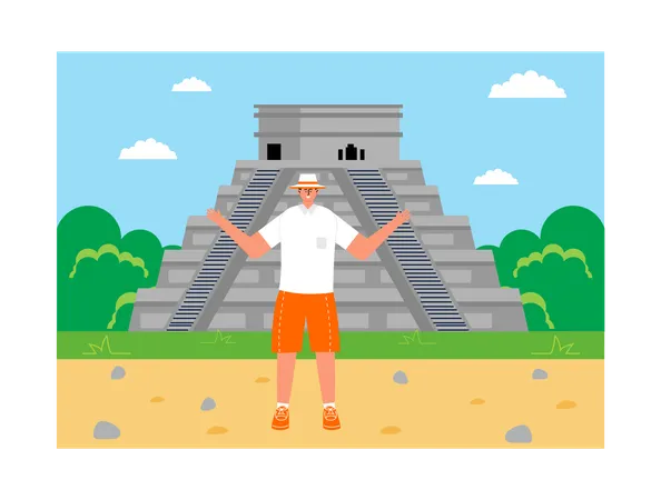 Turista masculino de pie en El Castillo  Ilustración