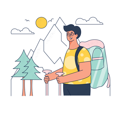 Turista masculino hace senderismo en el bosque nevado  Ilustración