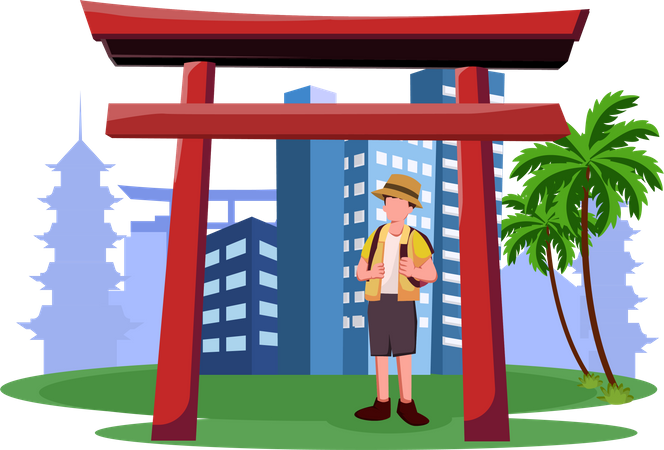 Turista masculino que va de vacaciones a Japón  Ilustración