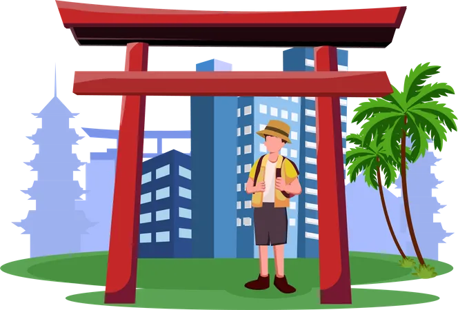 Turista masculino que va de vacaciones a Japón  Ilustración