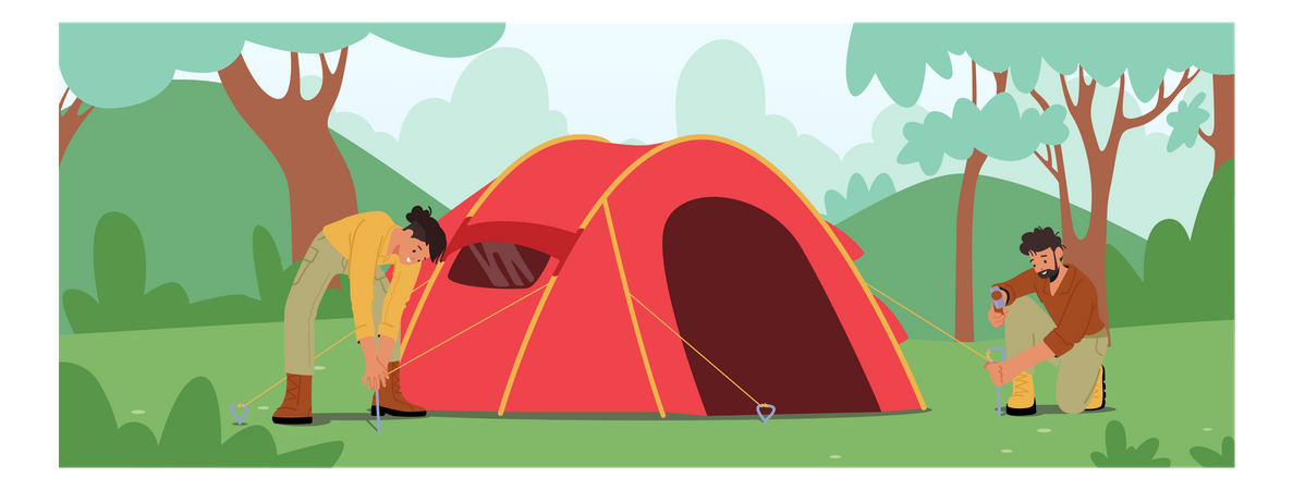 Turista montando barraca no acampamento  Ilustração