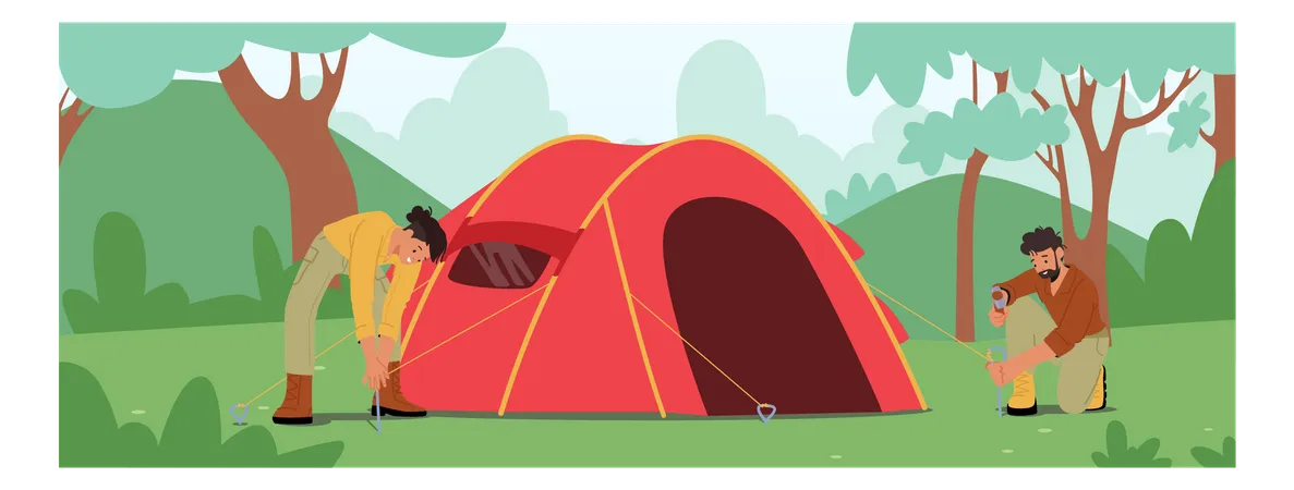 Turista montando barraca no acampamento  Ilustração