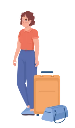 Turista feminina desgrenhada com bolsa e bagagem  Ilustração