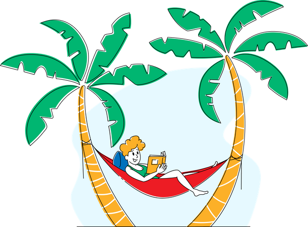 Mulher turista relaxando em um resort exótico, deitada em uma rede pendurada em palmeiras e lendo um livro  Ilustração