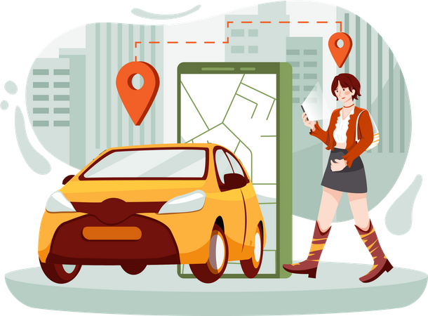 Turista procurando táxi on-line para viajar  Ilustração