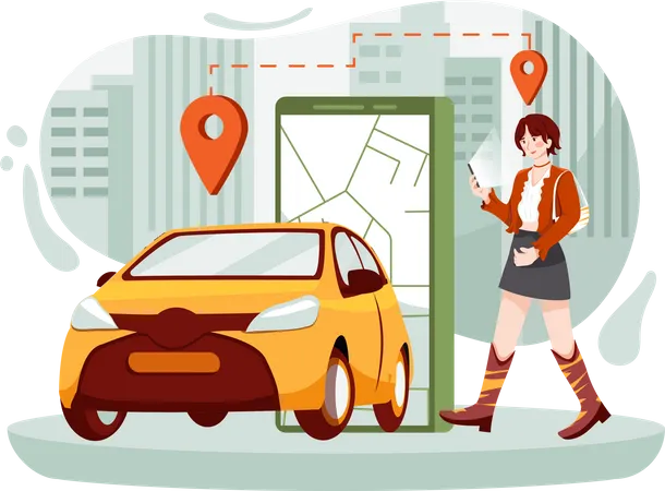 Turista procurando táxi on-line para viajar  Ilustração