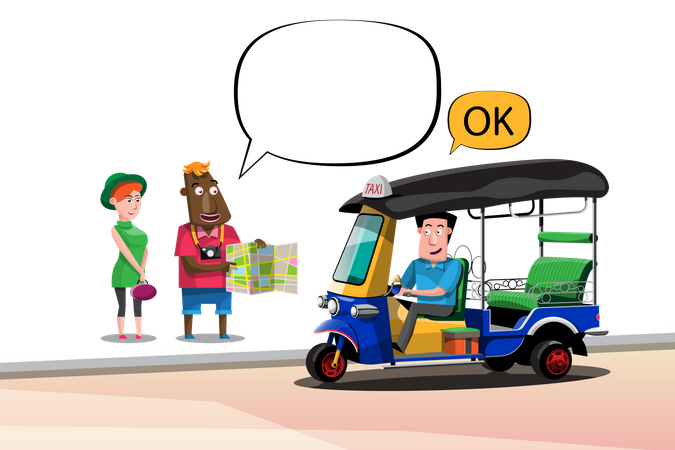 Turista preguntando al conductor de Tuk Tuk dirección en el mapa  Ilustración