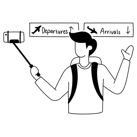 Turista se toma selfie en el aeropuerto  Ilustración