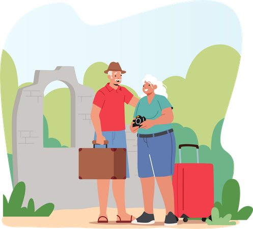 Turista senior en viaje  Ilustración