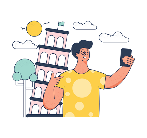 Turista se toma selfie en la Torre Inclinada de Pisa  Ilustración