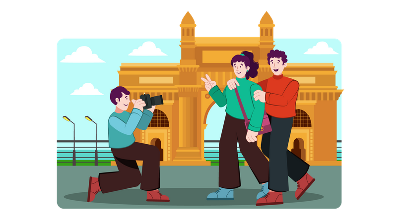 Turista visitando la puerta de la india  Ilustración