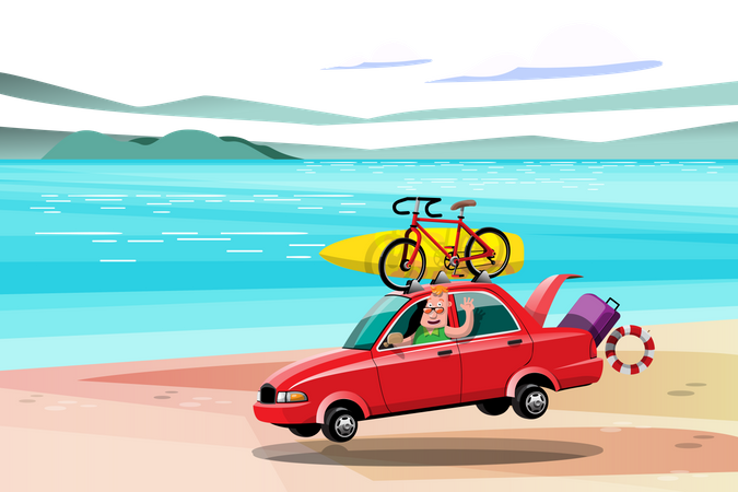 Turistas carregam bicicletas e pranchas de surf em carros  Ilustração