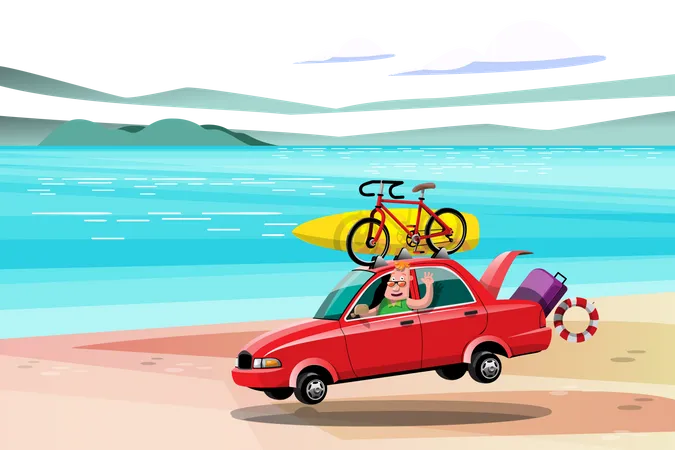 Turistas carregam bicicletas e pranchas de surf em carros  Ilustração