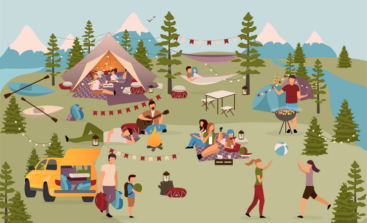 Turistas en campamento de verano  Ilustración