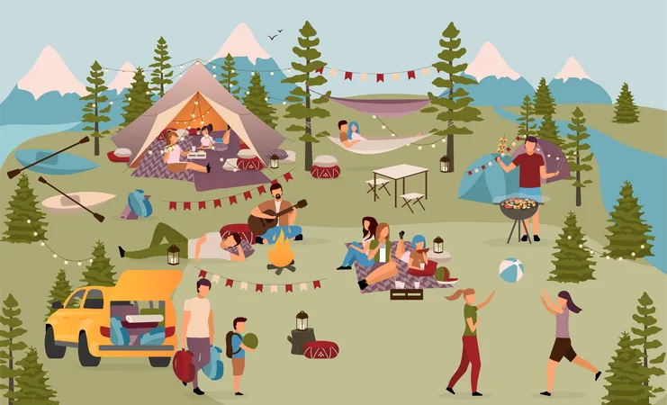 Turistas en campamento de verano  Ilustración