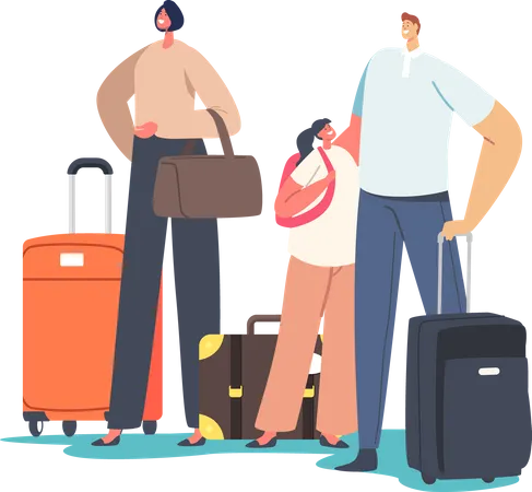 Turistas, familia, con, niño, tenencia, maletas  Ilustración