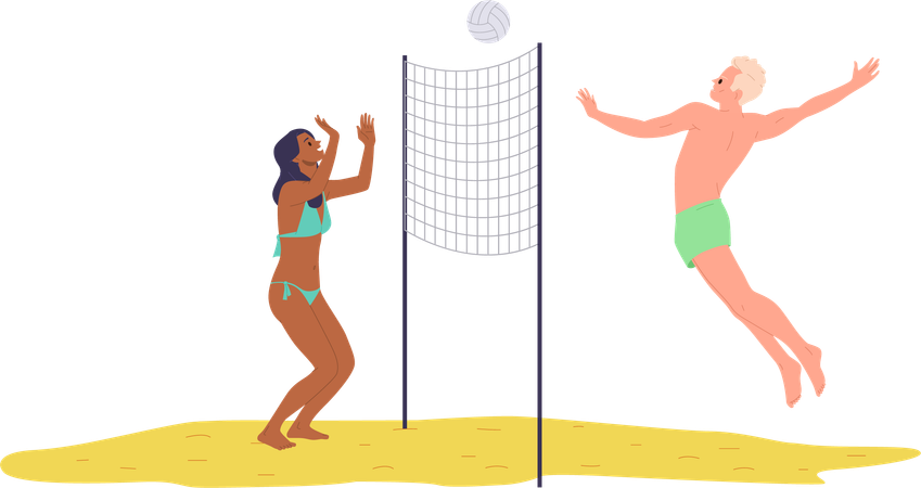 Turistas felices, hombres y mujeres, jugando voleibol de playa durante los fines de semana de verano  Ilustración