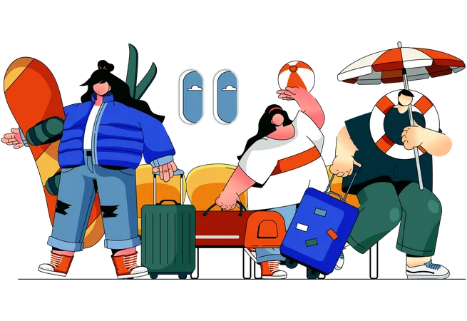 Turistas masculinos e femininos com bagagem  Ilustração