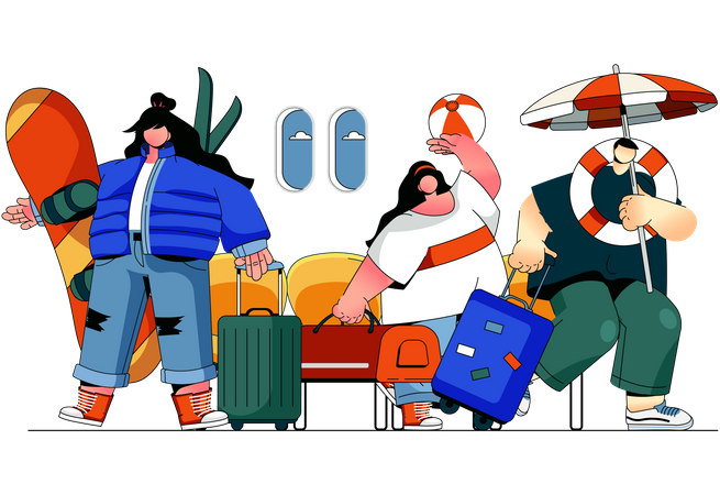 Turistas masculinos e femininos com bagagem  Ilustração