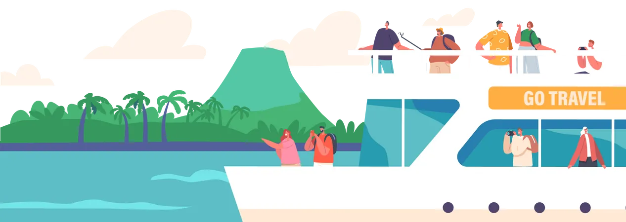 Turistas Que Viajam Em Cruzeiro Tiram Fotos De Palmeiras E Paisagens De Ilhas Tropicais Viagem De Barco De Personagens De Passageiros Viagem De Verao Em Navio Marinho Ilustra O Vetorial De Pessoas Dos Desenhos Animados Ilustração