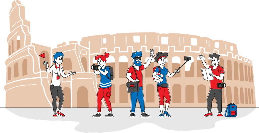 Turistas visitando el Coliseo y haciendo clic en imágenes.  Ilustración