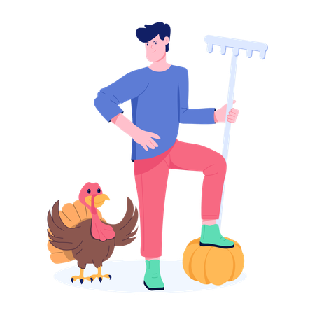 Turkey bird and man enjoying Thanksgiving Holiday  Illustration