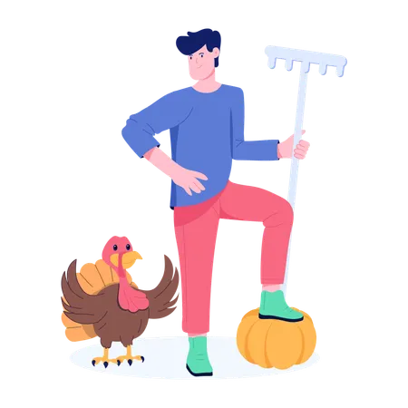 Turkey bird and man enjoying Thanksgiving Holiday  Illustration