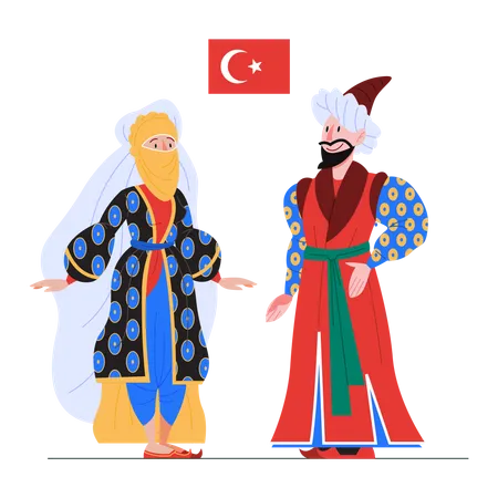 Turkey citizen in national costume with a flag  Illustration