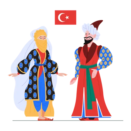 Türkischer Staatsbürger in Nationaltracht mit Flagge  Illustration