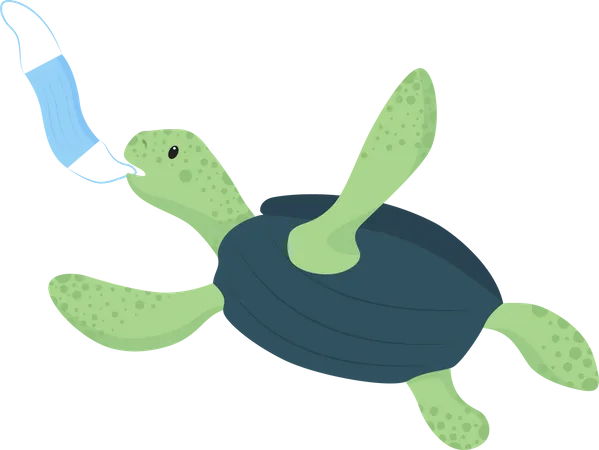 Turtle Snatches Disposable Face Mask Semi Flat Color Vector Character Full Body Animal On White Threat To Marine Creatures Isolated Modern Cartoon Style Illustration For Graphic Design And Animation イラスト