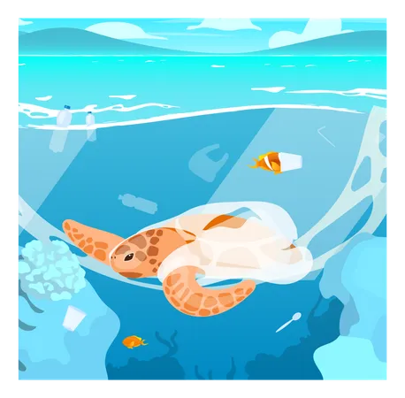 Turtle trapped in plastic garbage  Illustration